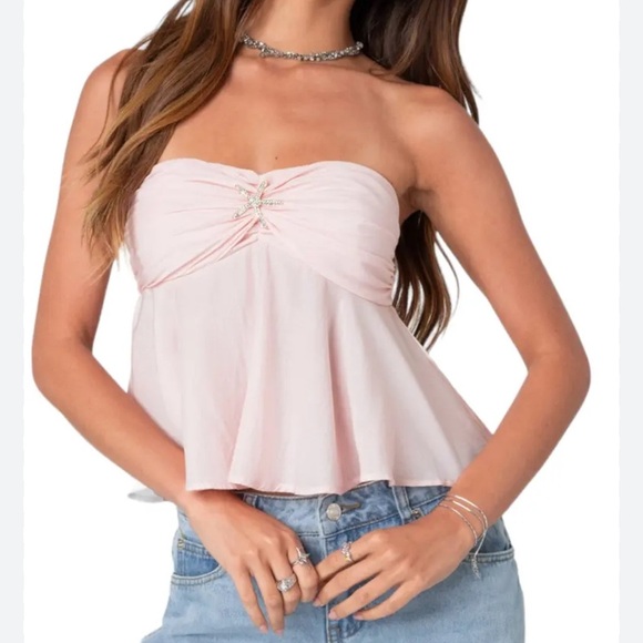 EDIKTED Starfish Embellished Strapless Halter Light Pink Top Shirt Loose Fit M - Picture 3 of 12